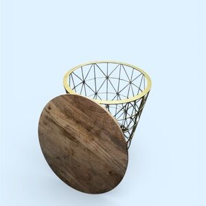 Kirklands Gold Wire Basket with Wooden Top